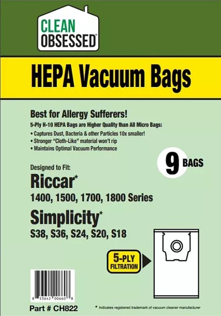 Clean Obsessed Riccar Type H HEPA Vacuum Bags - 9 Pack